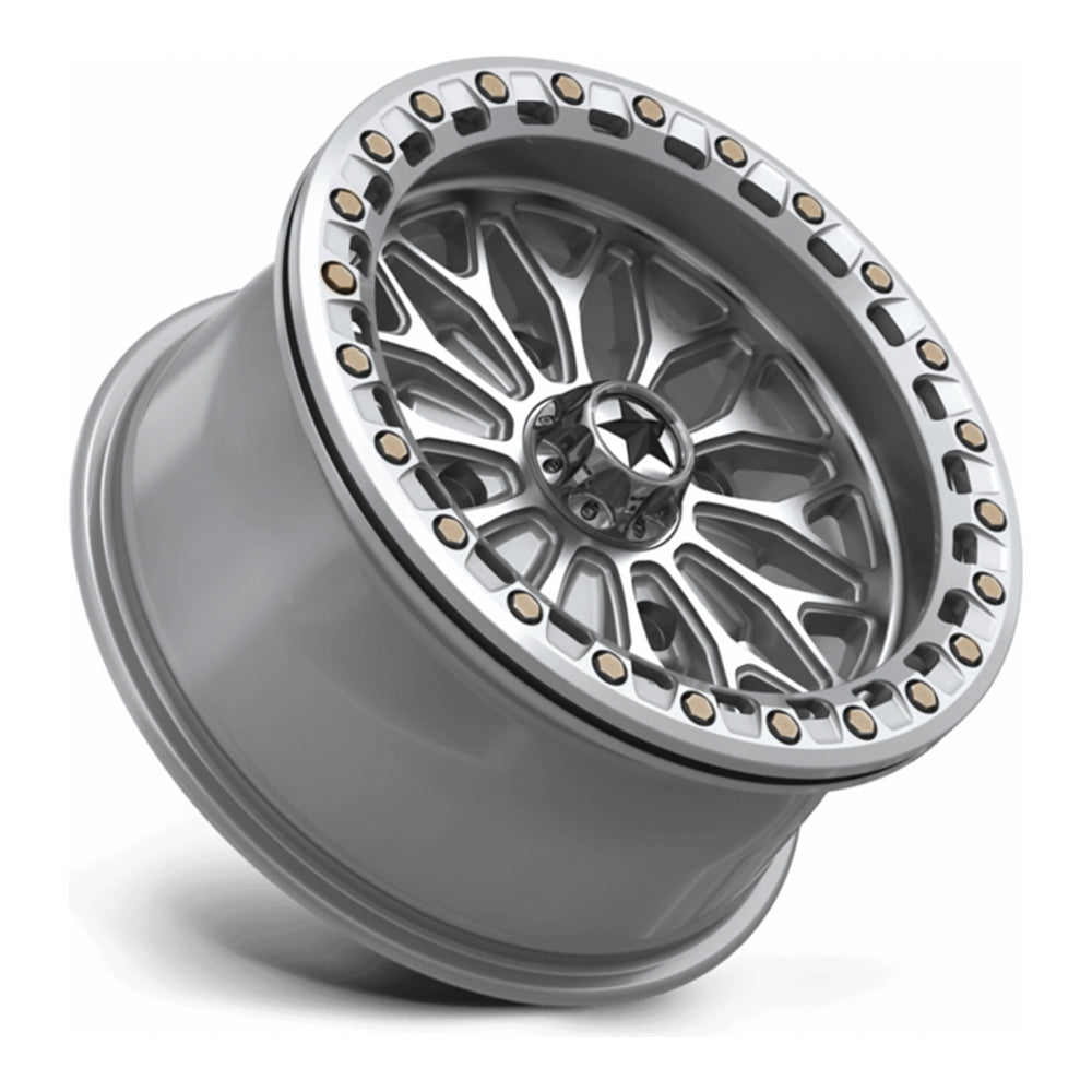 MSA Bolo Beadlock (MA53) UTV wheel in gloss silver with machined face, side angle showing the barrel and lip