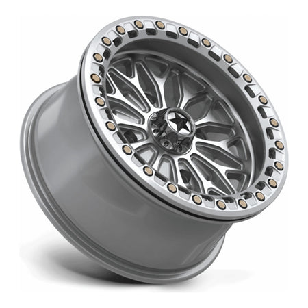 MSA Bolo Beadlock (MA53) UTV wheel in gloss silver with machined face, side angle showing the barrel and lip