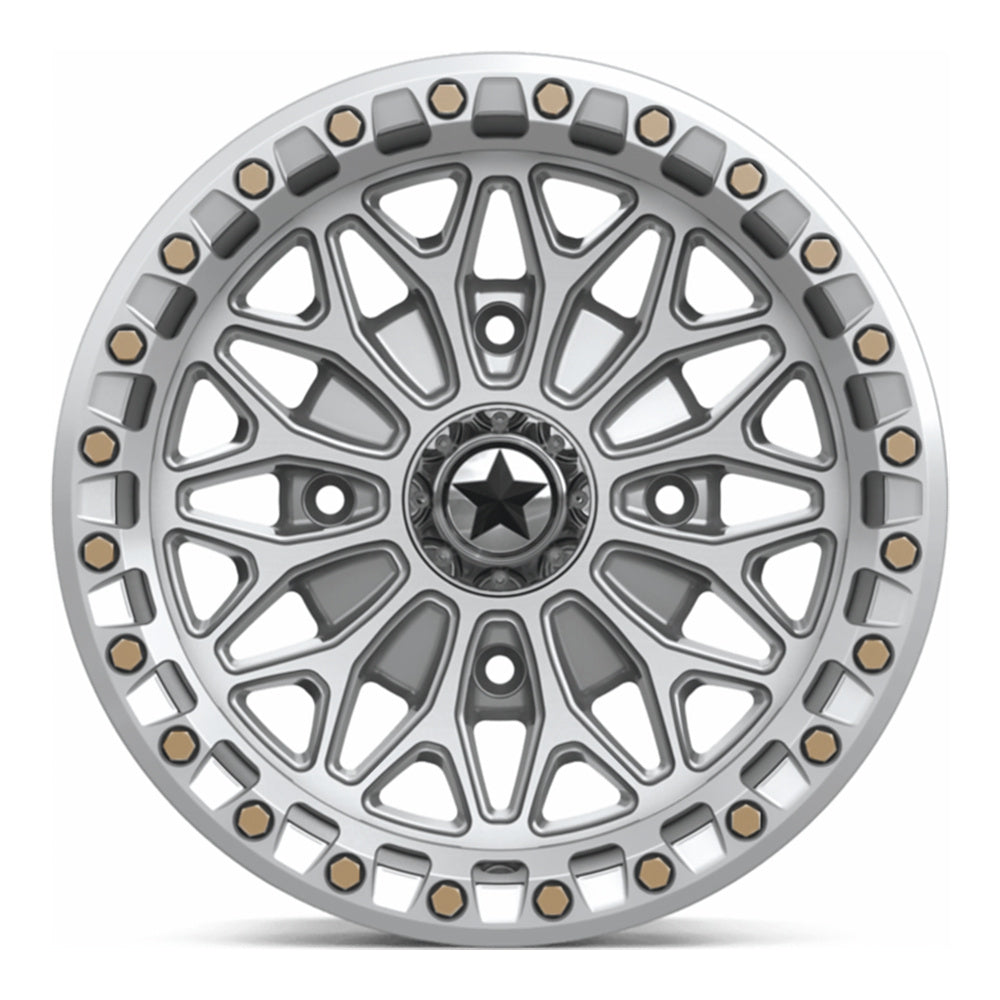 MSA Bolo Beadlock (MA53) UTV wheel in gloss silver with machined face, straight-on face view