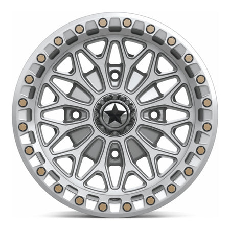 MSA Bolo Beadlock (MA53) UTV wheel in gloss silver with machined face, straight-on face view