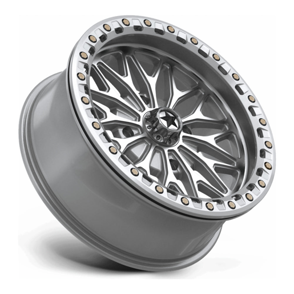 MSA Bolo Beadlock (MA53) UTV wheel in gloss silver with machined face, side angle showing the barrel and lip