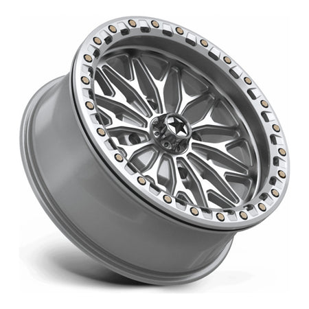 MSA Bolo Beadlock (MA53) UTV wheel in gloss silver with machined face, side angle showing the barrel and lip
