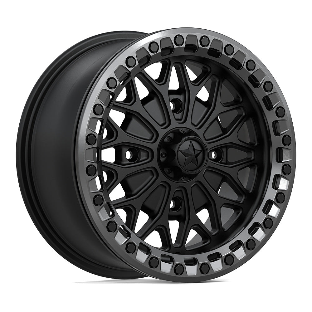 MSA Bolo Beadlock (MA53) UTV wheel in matte black with gloss gunmetal ring, angled front view