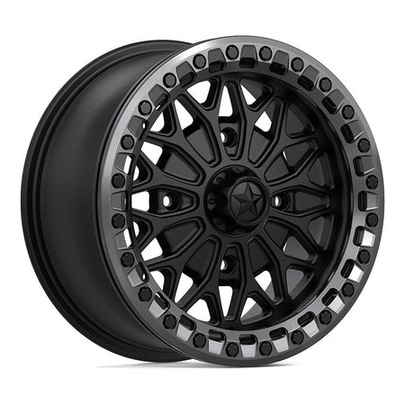 MSA Bolo Beadlock (MA53) UTV wheel in matte black with gloss gunmetal ring, angled front view
