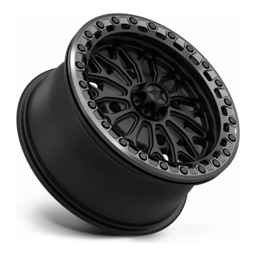 MSA Bolo Beadlock MA53 UTV wheel in matte black with gloss gunmetal ring, side angle showing the barrel and lip