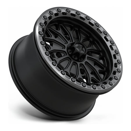 MSA Bolo Beadlock (MA53) UTV wheel in matte black with gloss gunmetal ring, side angle showing the barrel and lip