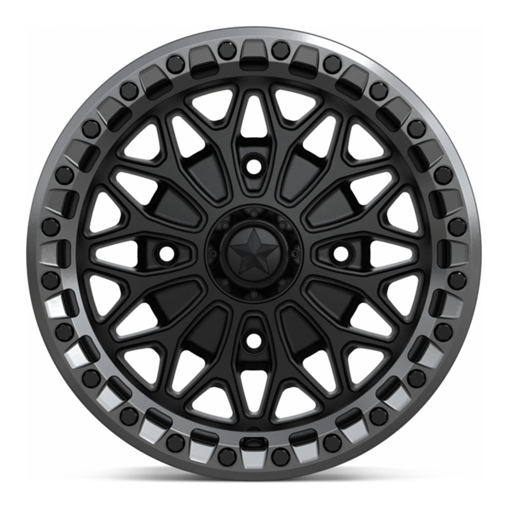 MSA Bolo Beadlock MA53 UTV wheel in matte black with gloss gunmetal ring, straight-on face view