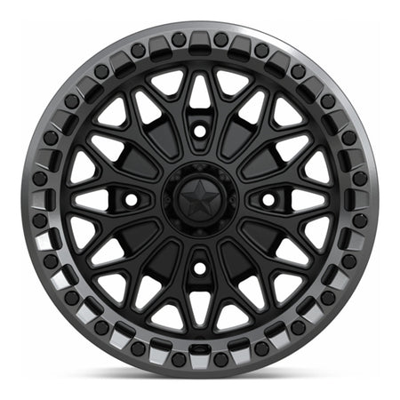 MSA Bolo Beadlock MA53 UTV wheel in matte black with gloss gunmetal ring, straight-on face view