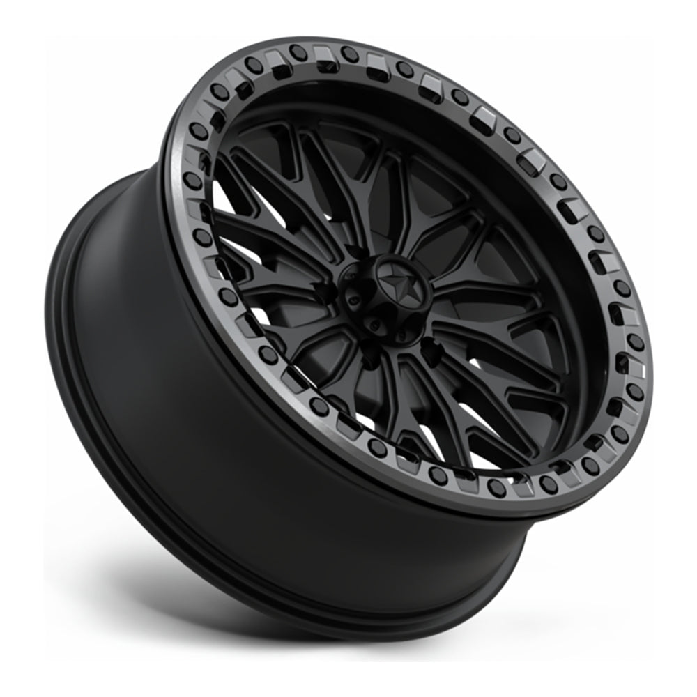 MSA Bolo Beadlock MA53 UTV wheel in matte black with gloss gunmetal ring, side angle showing the barrel and lip
