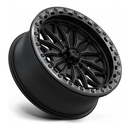 MSA Bolo Beadlock (MA53) UTV wheel in matte black with gloss gunmetal ring, side angle showing the barrel and lip