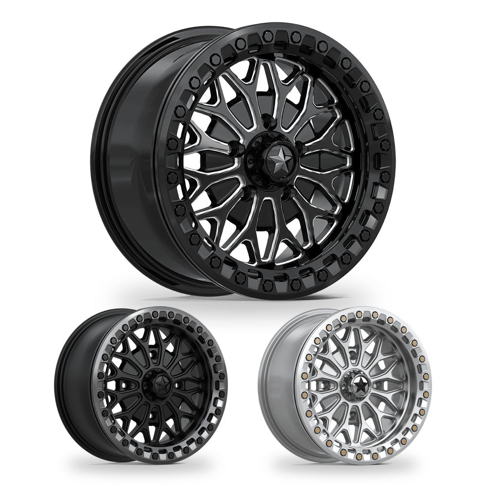 MSA Bolo Beadlock (MA53) UTV wheel in every finish: gloss black milled, matte black with gloss gunmetal ring and gloss silver with machined face