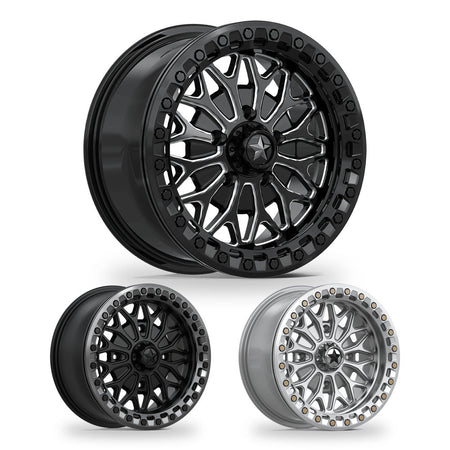 MSA Bolo Beadlock (MA53) UTV wheel in every finish: gloss black milled, matte black with gloss gunmetal ring and gloss silver with machined face