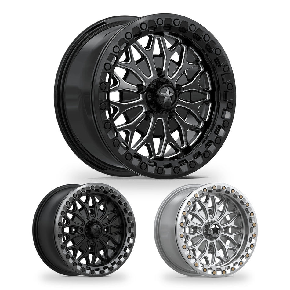 MSA Bolo Beadlock (MA53) UTV wheel in every finish: gloss black milled, matte black with gloss gunmetal ring and gloss silver with machined face
