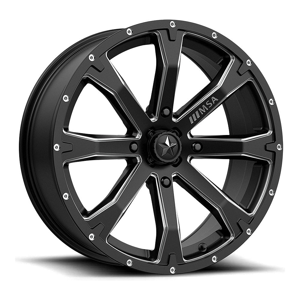 MSA Bounty M42 UTV wheel in satin black milled, angled front view