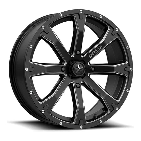 MSA Bounty M42 UTV wheel in satin black milled, angled front view