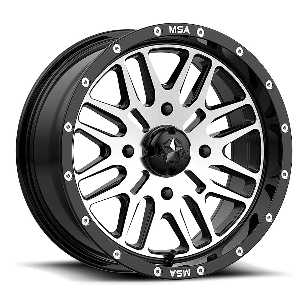 MSA Brute M38 UTV wheel in gloss black machined, angled front view