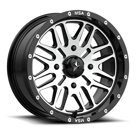 MSA Brute M38 UTV wheel in gloss black machined, angled front view