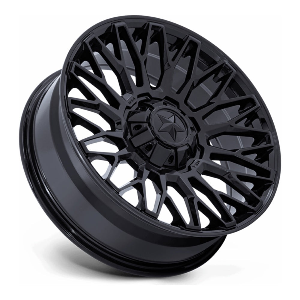 MSA Clubber M50 UTV wheel in gloss black, side angle showing the barrel and lip