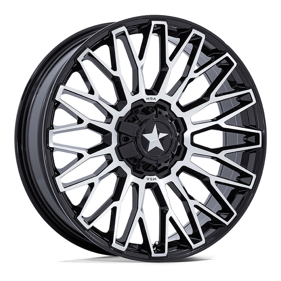 MSA Clubber (M50) UTV wheel in gloss black machined, angled front view