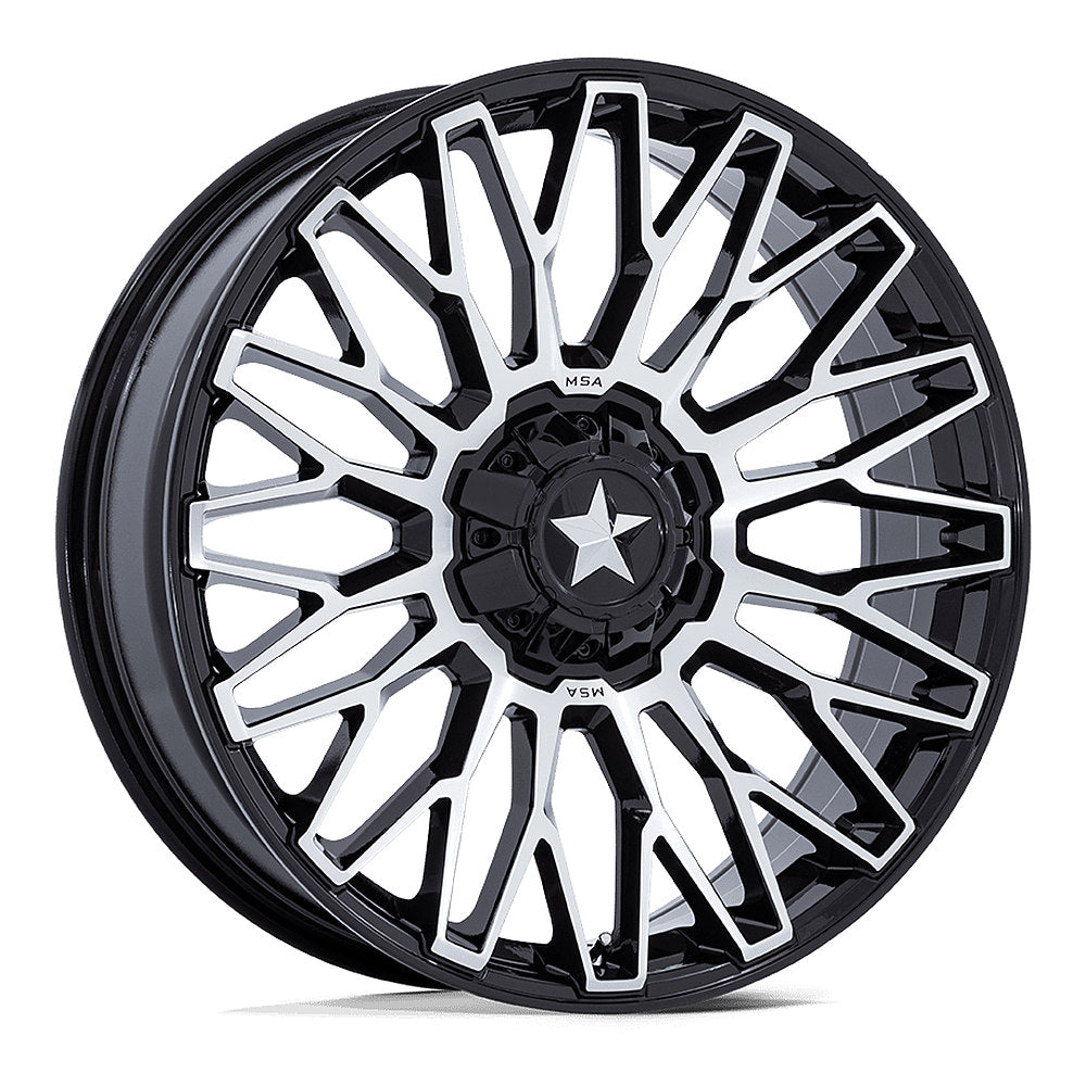 MSA Clubber M50 UTV wheel in gloss black machined, angled front view
