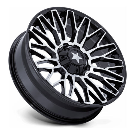 MSA Clubber M50 UTV wheel in gloss black machined, side angle showing the barrel and lip