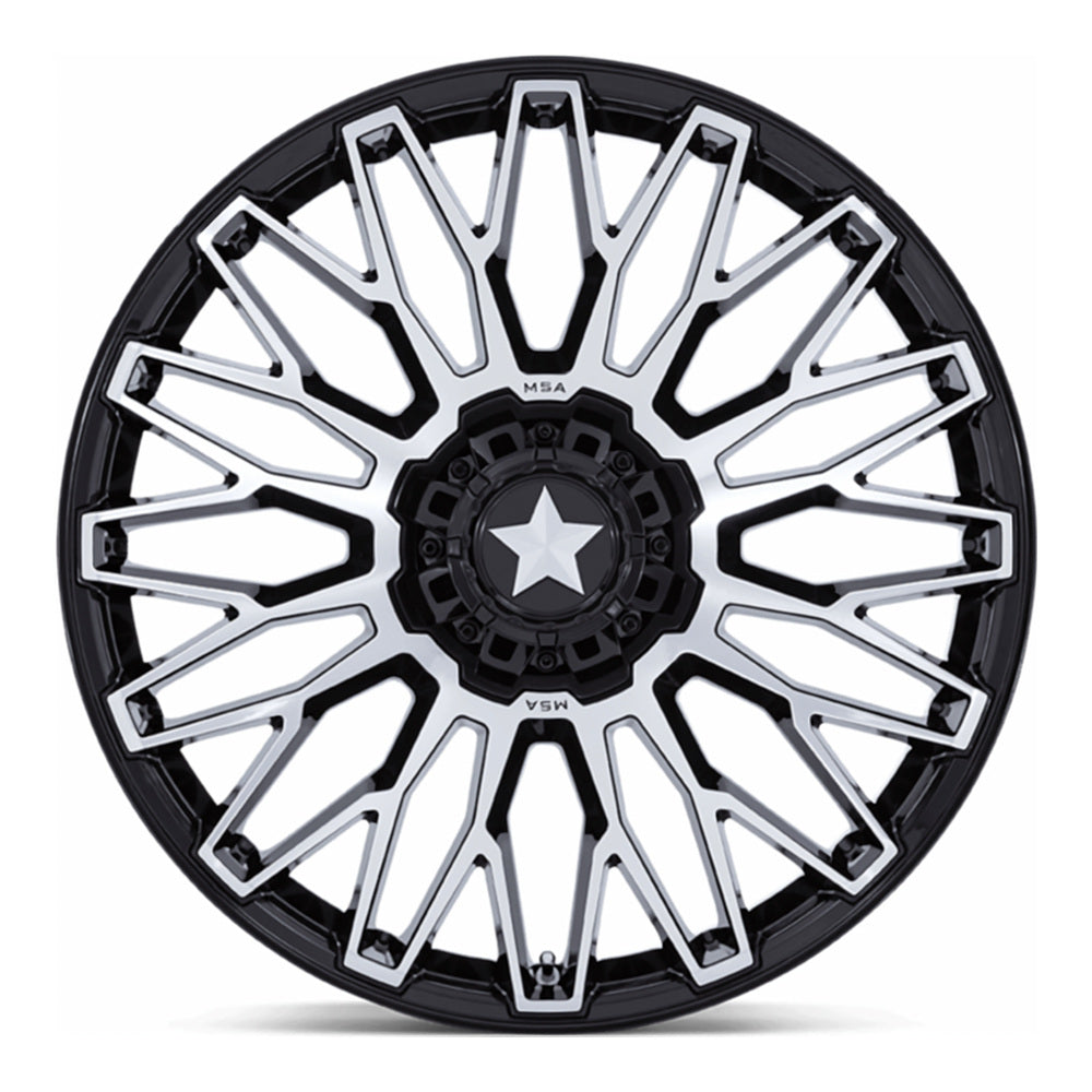 MSA Clubber M50 UTV wheel in gloss black machined, straight-on face view