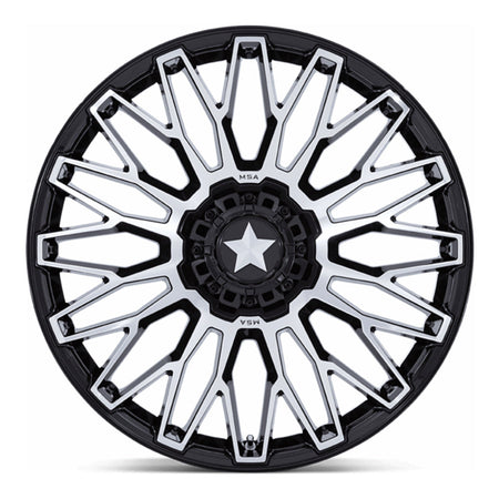MSA Clubber (M50) UTV wheel in gloss black machined, straight-on face view