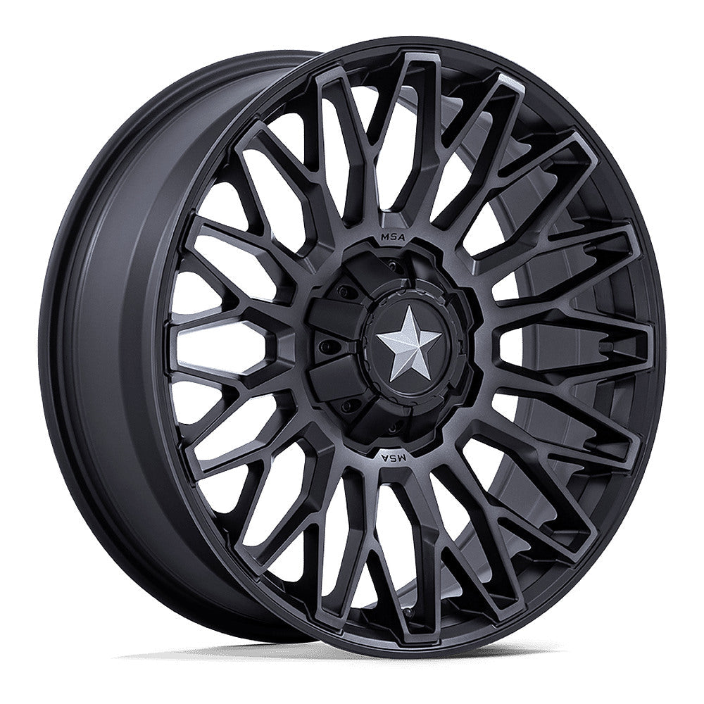 MSA Clubber M50 UTV wheel in matte black double dark tint, angled front view