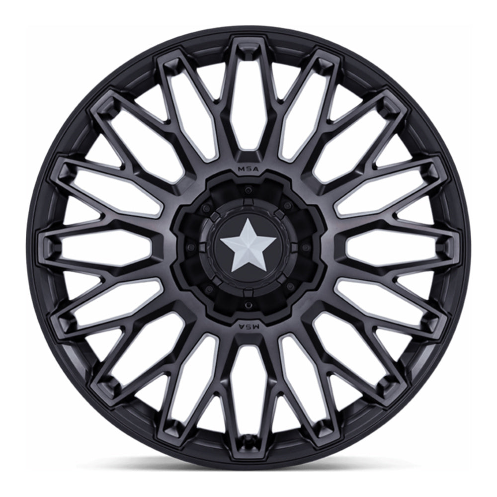 MSA Clubber M50 UTV wheel in matte black double dark tint, straight-on face view