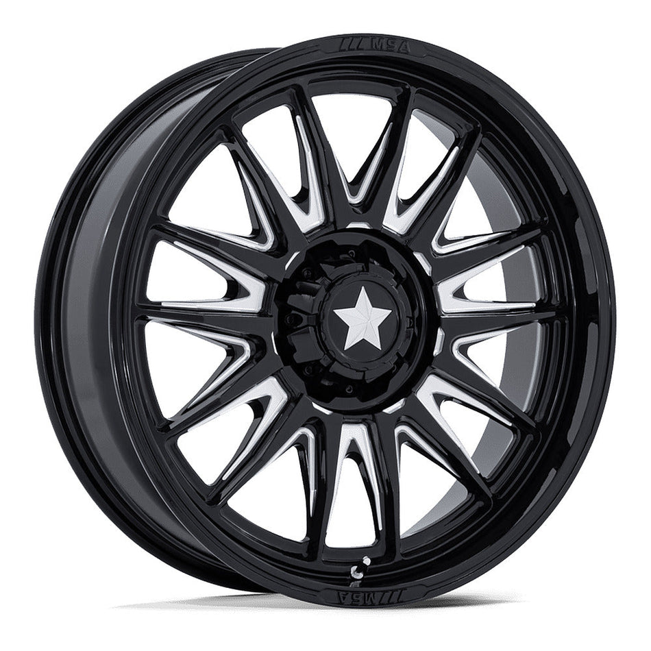 MSA Commander (M55) UTV wheel in gloss black milled, angled front view