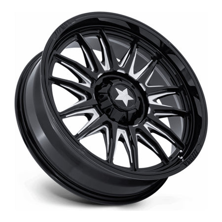 MSA Commander M55 UTV wheel in gloss black milled, side angle showing the barrel and lip