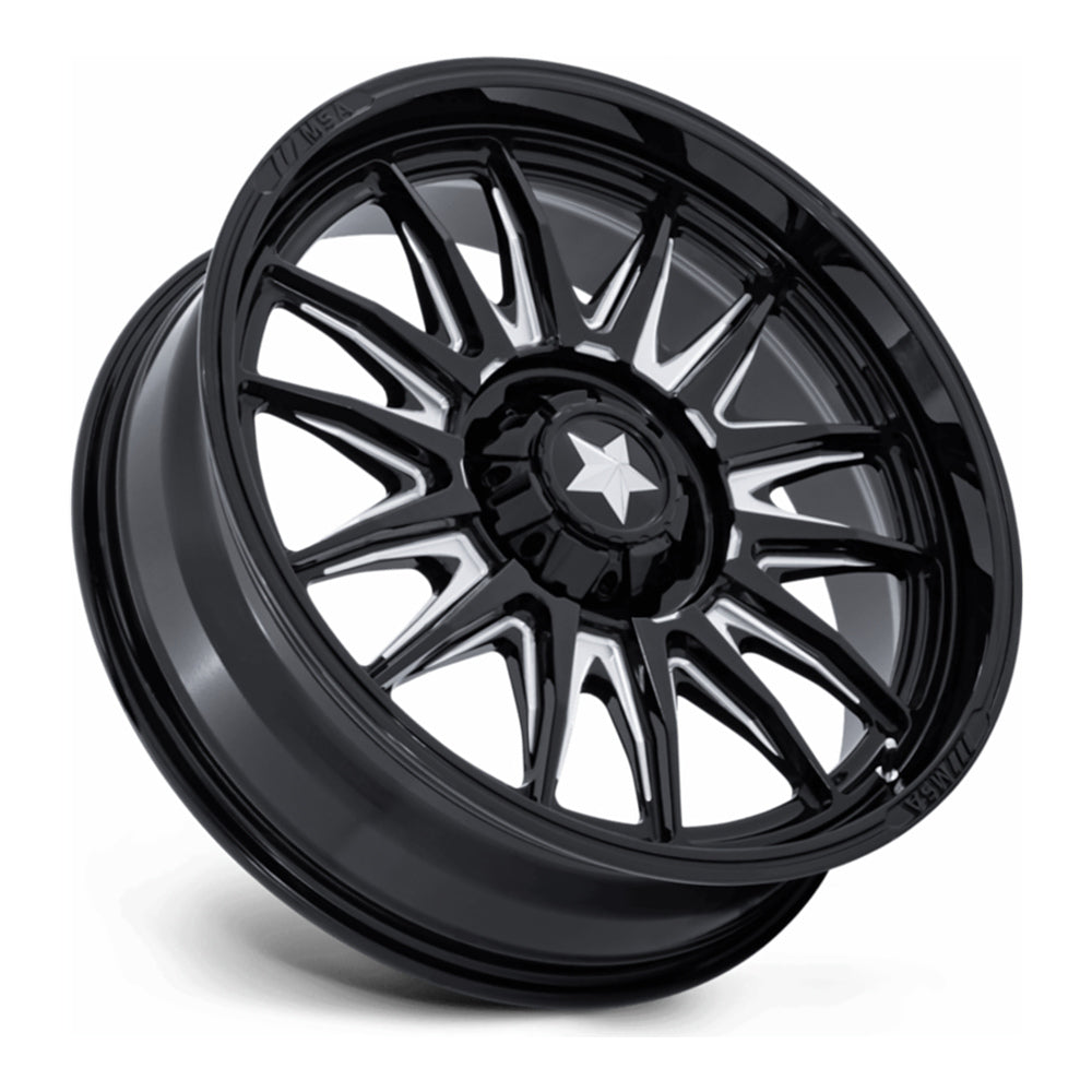 MSA Commander (M55) UTV wheel in gloss black milled, side angle showing the barrel and lip