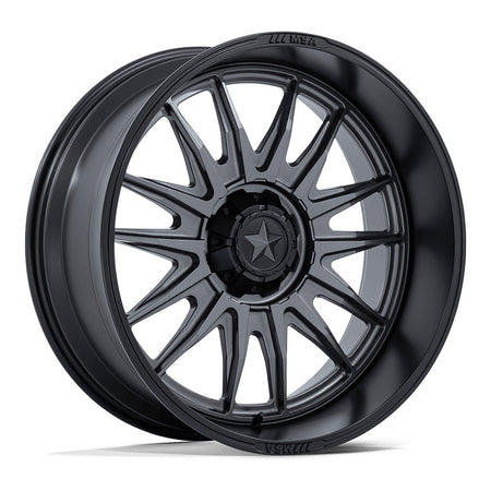 MSA Commander (M55) UTV wheel in matte gunmetal with matte black lip, angled front view