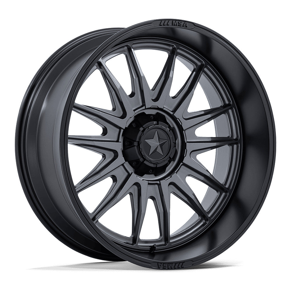 MSA Commander M55 UTV wheel in matte gunmetal with matte black lip, angled front view