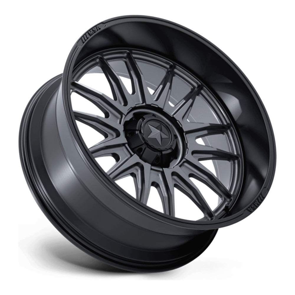 MSA Commander M55 UTV wheel in matte gunmetal with matte black lip, side angle showing the barrel and lip