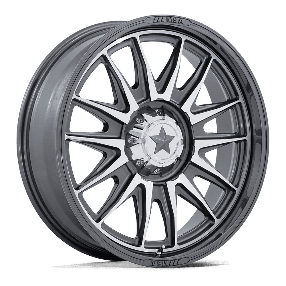 MSA Commander M55 UTV wheel in platinum with machined face, angled front view