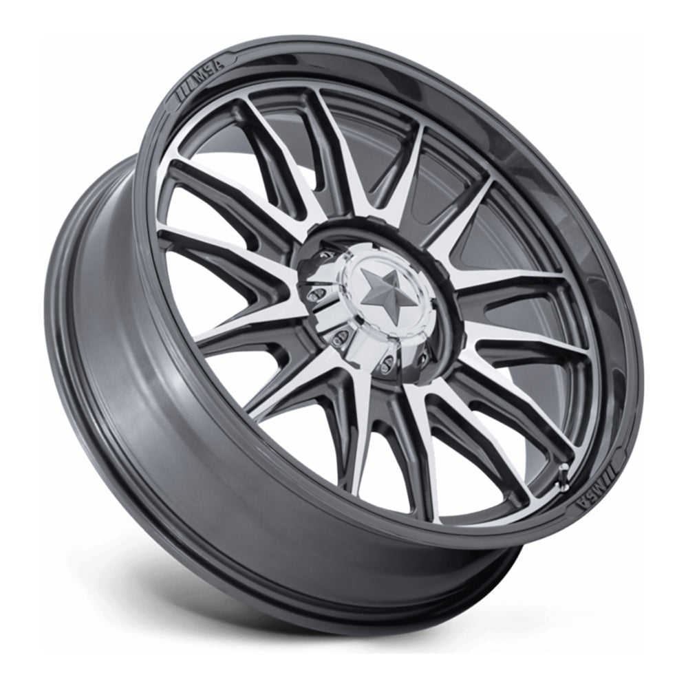 MSA Commander M55 UTV wheel in platinum with machined face, side angle showing the barrel and lip