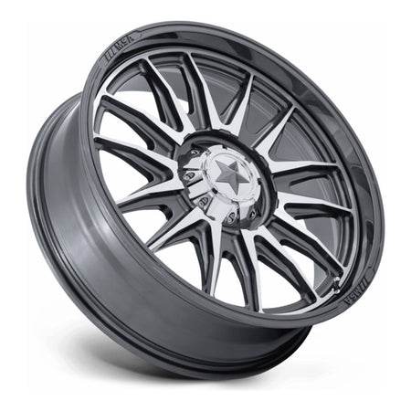 MSA Commander (M55) UTV wheel in platinum with machined face, side angle showing the barrel and lip