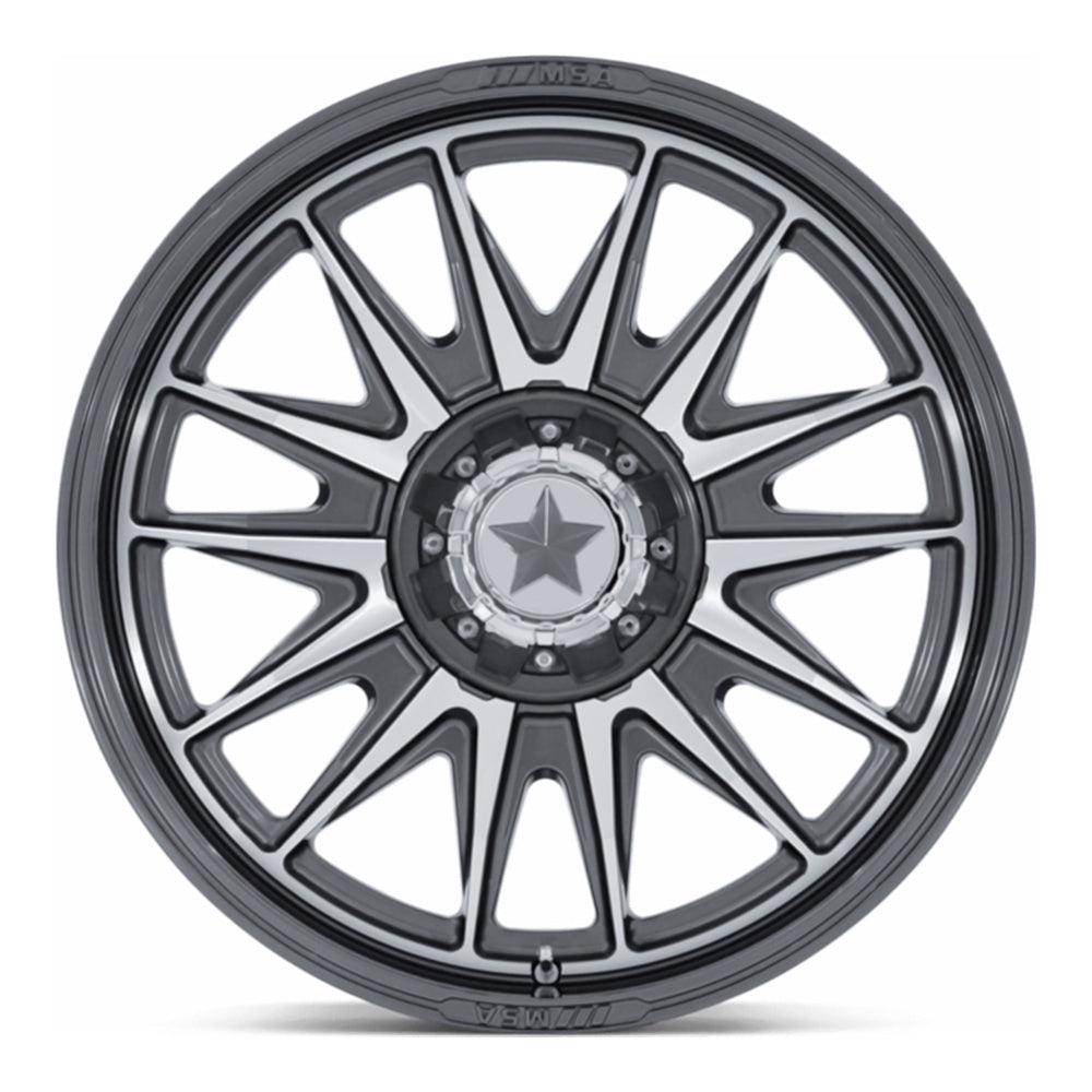 MSA Commander M55 UTV wheel in platinum with machined face, straight-on face view