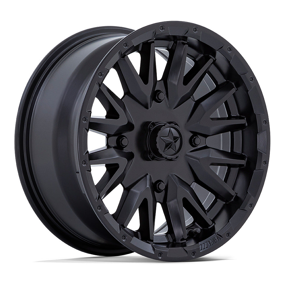MSA Creed M49 UTV wheel in matte black, angled front view