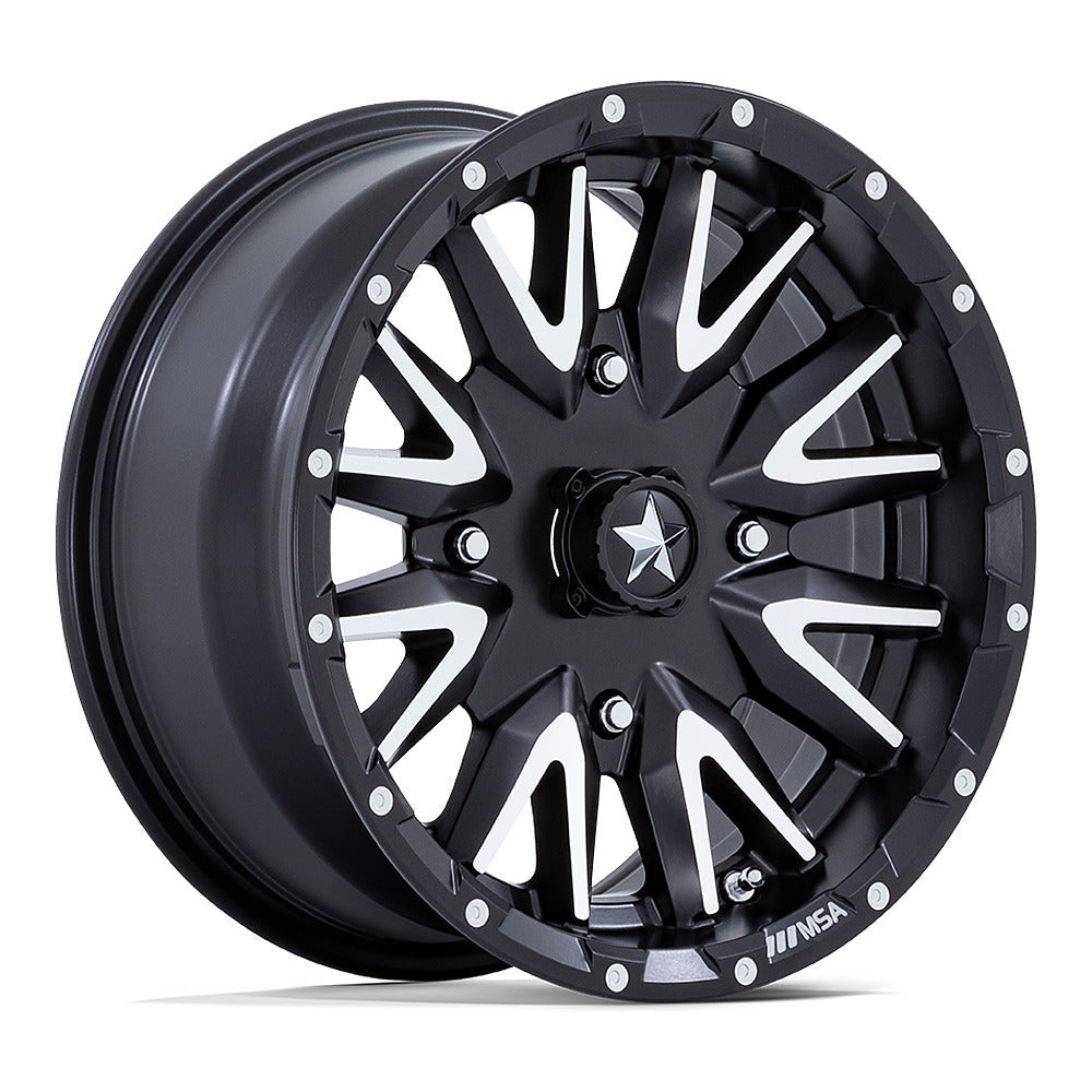 MSA Creed M49 UTV wheel in matte black machined, angled front view
