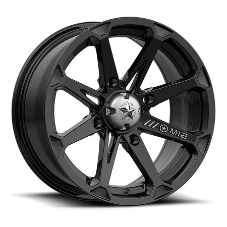MSA Diesel M12 UTV wheel in gloss black, angled front view