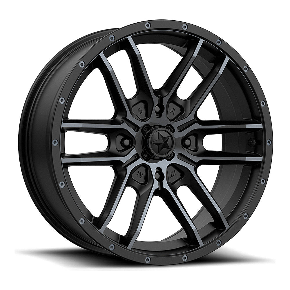 MSA Fang M43 UTV wheel in satin black with titanium tint, angled front view
