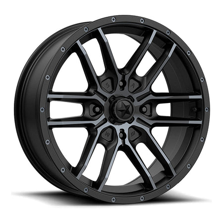 MSA Fang M43 UTV wheel in satin black with titanium tint, angled front view