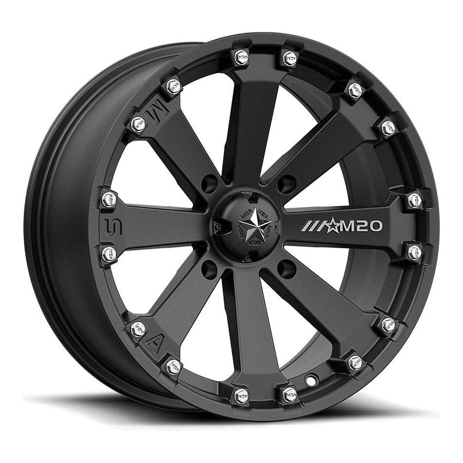 MSA Kore M20 UTV wheel in matte black, angled front view