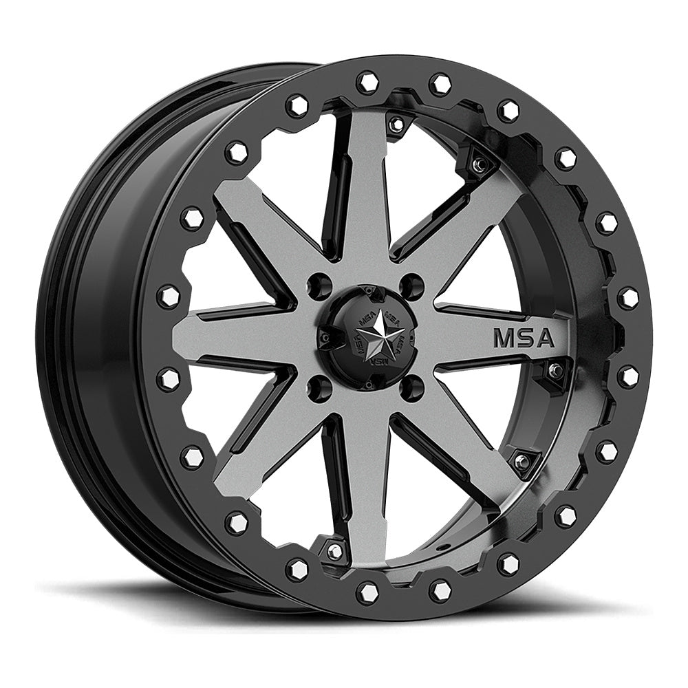 MSA Lok Beadlock M21 UTV wheel in charcoal tint, angled front view
