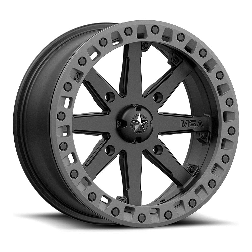 MSA Lok2 Beadlock M31 UTV wheel in satin black with matte gray ring, angled front view