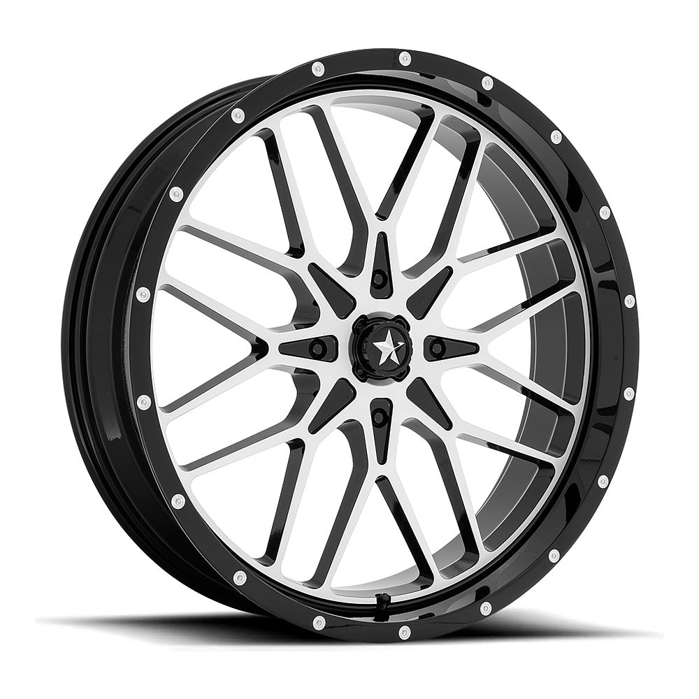 MSA Portal (M45) UTV wheel in gloss black machined, angled front view