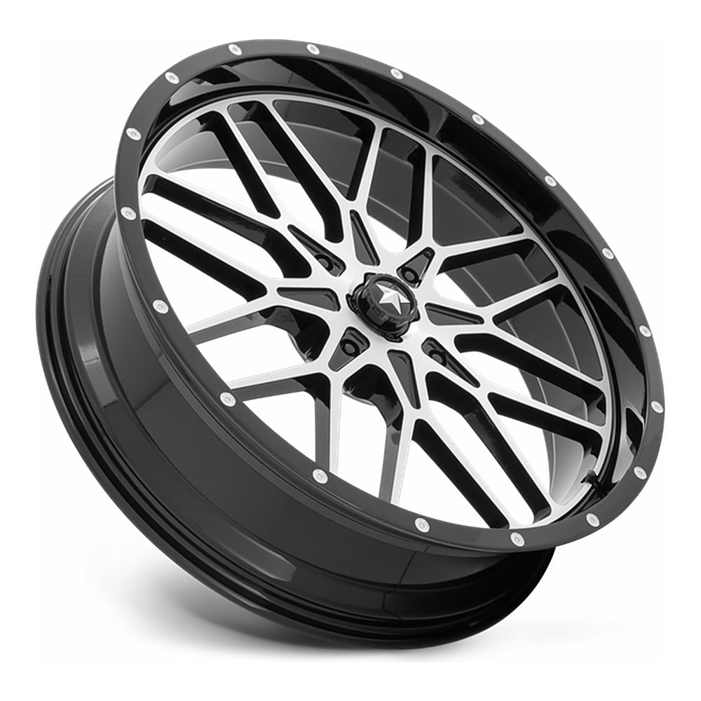 MSA Portal (M45) UTV wheel in gloss black machined, side angle showing the barrel and lip