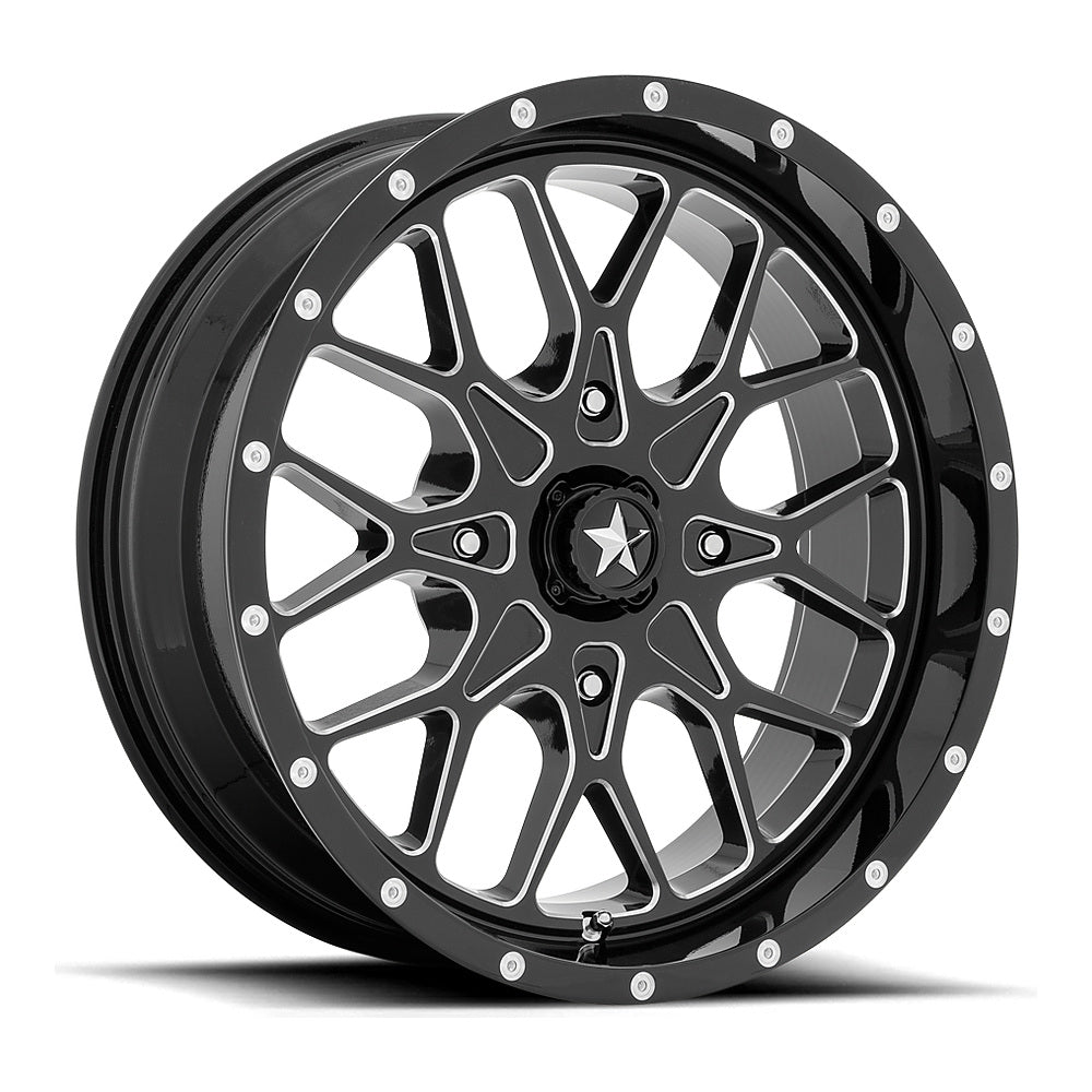 MSA Portal (M45) UTV wheel in gloss black milled, angled front view